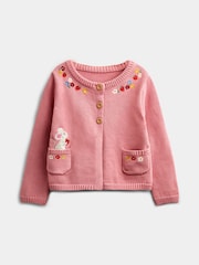 JoJo Maman Bébé Dusky Pink Mouse Pet In Pocket Appliqué Cotton Cardigan - Image 1 of 5