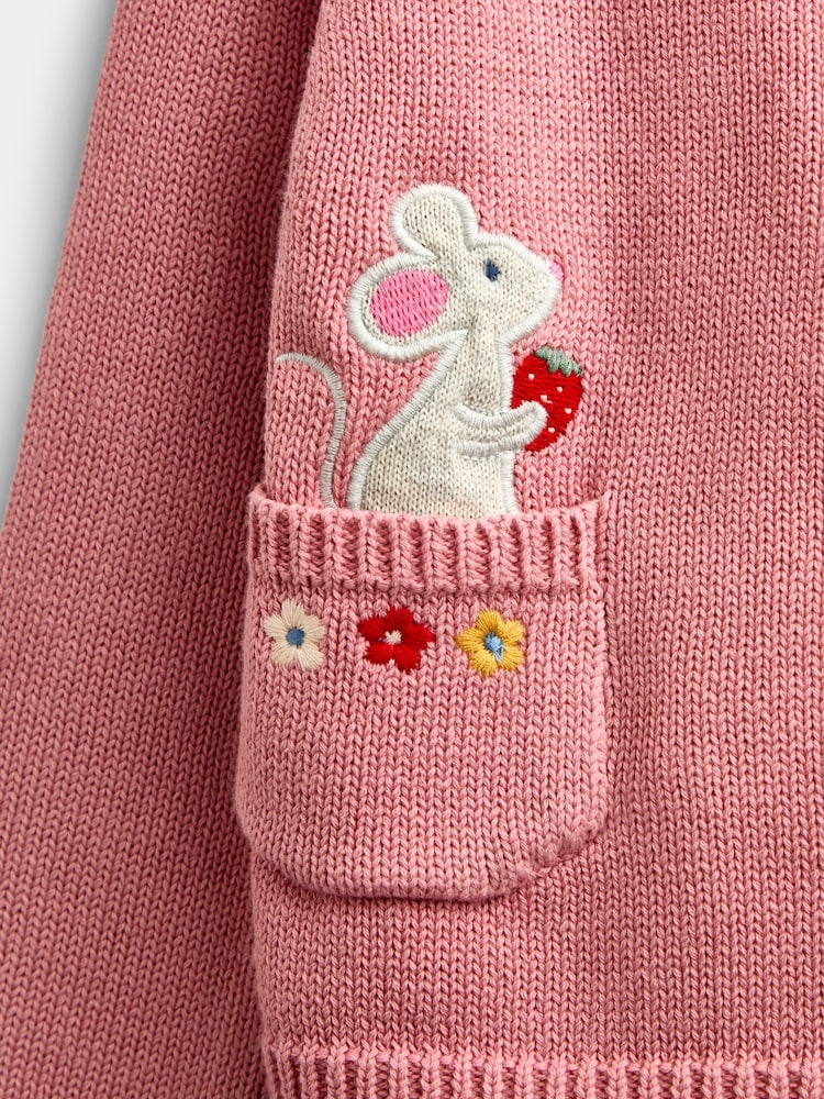 JoJo Maman Bébé Dusky Pink Mouse Pet In Pocket Appliqué Cotton Cardigan - Image 5 of 5 JoJo Maman Bébé Dusky Pink Mouse Pet In Pocket Appliqué Cotton Cardigan - Image 5 of 5
