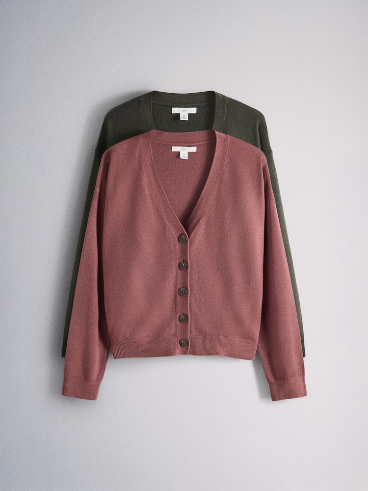 The Set 2 Pack Soft Knit V-Neck Cardigans Khaki Green/Clay Red - Image 1 of 5