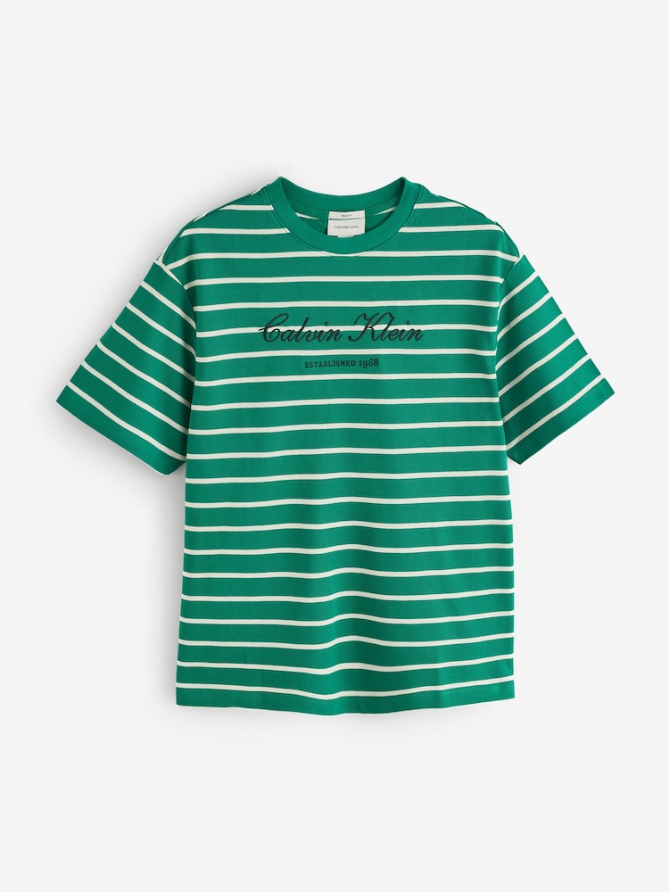 Calvin Klein Green Relaxed Cotton Piqué Stripe T-Shirt - Image 1 of 1 Calvin Klein Green Relaxed Cotton Piqué Stripe T-Shirt - Image 1 of 1
