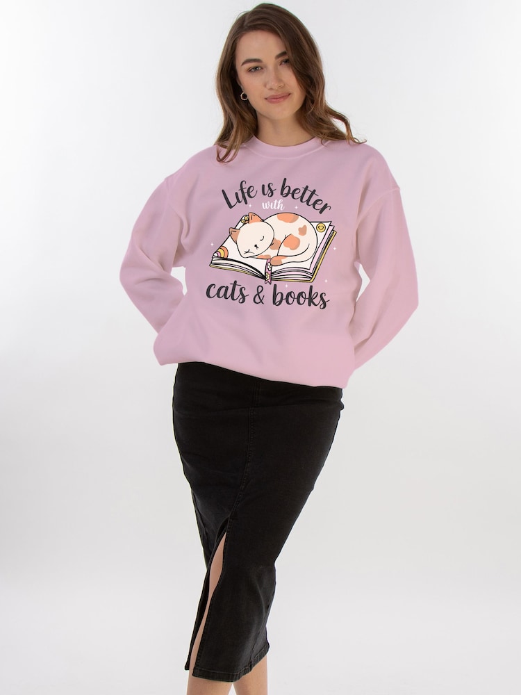 Brands In Pink Life Better Cats And Books Sweat Top - Image 2 of 5