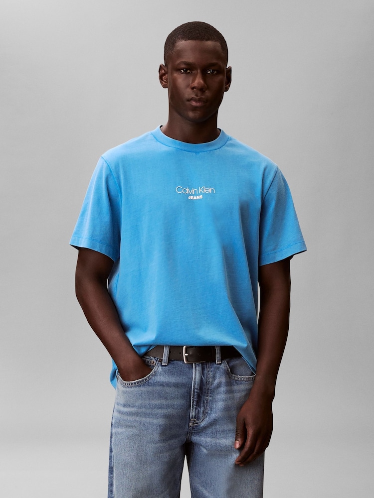 Calvin Klein Blue Acid Wash Logo T-Shirt - Image 1 of 5