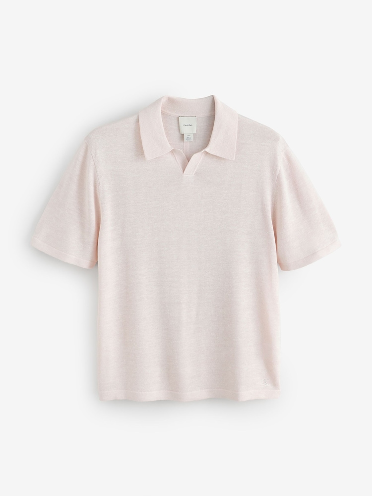 Calvin Klein Pink Linen Blend Crew Neck Polo Shirt - Image 6 of 6 Calvin Klein Pink Linen Blend Crew Neck Polo Shirt - Image 6 of 6