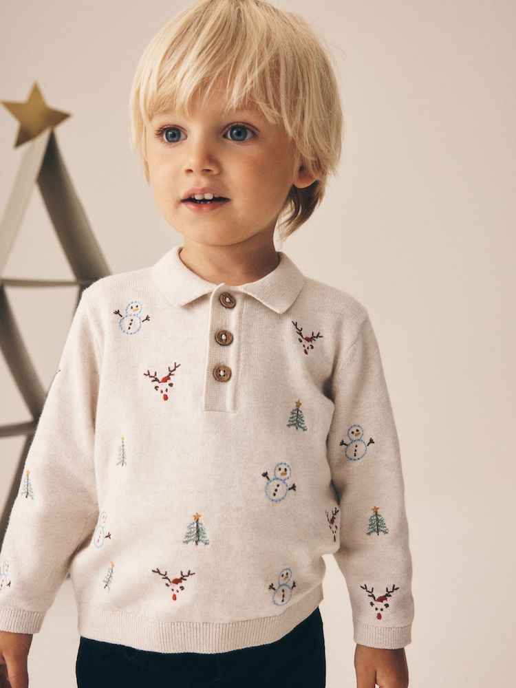 Ecru Christmas Knitted Polo Shirt (3mths-7yrs) - Image 1 of 3 Ecru Christmas Knitted Polo Shirt (3mths-7yrs) - Image 1 of 3