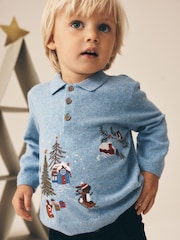 Blue Christmas Knitted Polo Shirt (3mths-7yrs) - Image 1 of 4