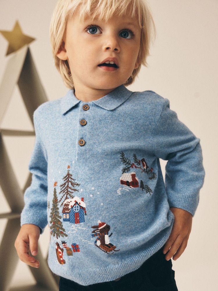 Blue Christmas Knitted Polo Shirt (3mths-7yrs) - Image 1 of 4
