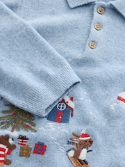 Blue Christmas Knitted Polo Shirt (3mths-7yrs) - Image 7 of 8