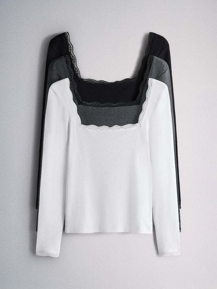 The Set 3 Pack Lace Square Neck Long Sleeve Semi Sheer Top - 圖片 2，共 10