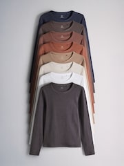 The Set 8 Pack Long Sleeve Slim Fit Ribbed T-Shirts Brown/Navy/Ochre/Tan/Stripe/Neutral/White - Image 1 of 9