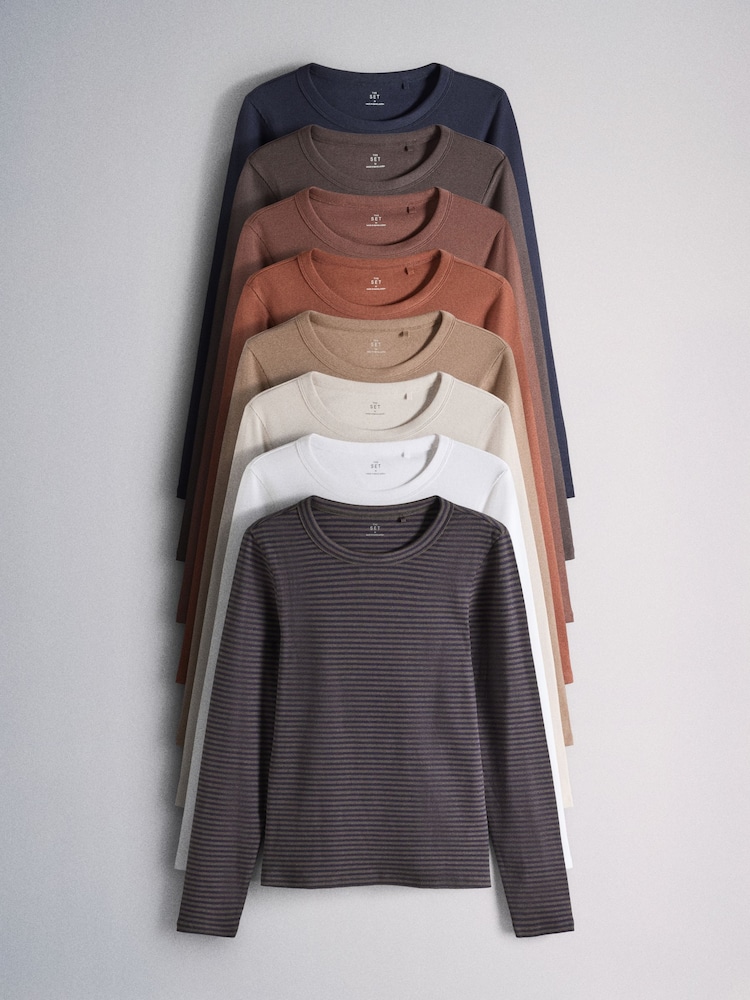 The Set 8 Pack Long Sleeve Slim Fit Ribbed T-Shirts Brown/Navy/Ochre/Tan/Stripe/Neutral/White - Image 1 of 9