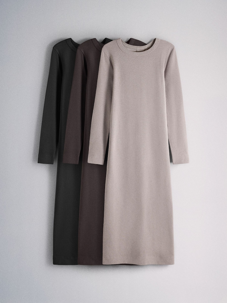 The Set 3 Pack Long Sleeve Ribbed Jersey Maxi Dresses Black/Brown/Taupe - Image 2 of 12