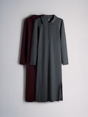 The Set 2 Pack Ribbed Collar Polo Jersey Maxi Dresses Charcoal Grey/Burgundy Red - Image 2 of 8