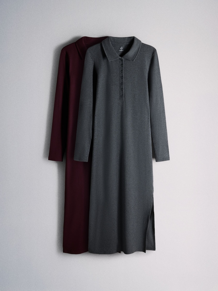 The Set 2 Pack Ribbed Collar Polo Jersey Maxi Dresses Charcoal Grey/Burgundy Red - Image 2 of 8