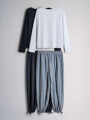 The Set 2 Pack Essentials Slash Neck and Balloon Pyjamas White Blue Stripe/Navy Star - Image 1 of 7