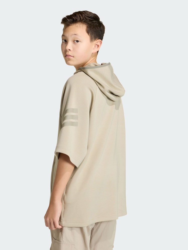 adidas Originals Brown Future Icons 3 Stripes Short Sleeve Hoodie - Image 2 of 5 adidas Originals Brown Future Icons 3 Stripes Short Sleeve Hoodie - Image 2 of 5