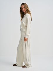 The Set Soft Touch Trophy Neck Sweat Top and Wide Leg Joggers Co-ord Set Cream - Image 1 of 12