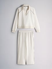 The Set Soft Touch Trophy Neck Sweat Top and Wide Leg Joggers Co-ord Set Cream - Image 2 of 12