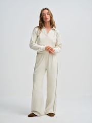 The Set Soft Touch Trophy Neck Sweat Top and Wide Leg Joggers Co-ord Set Cream - Image 3 of 12
