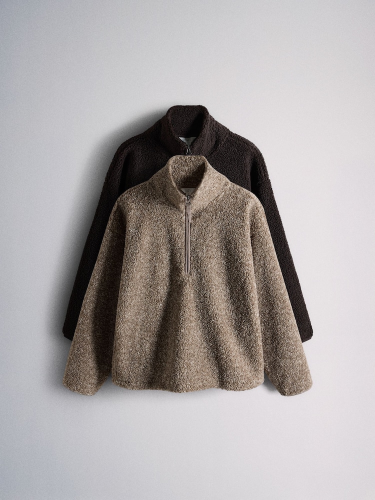 The Set 2 Pack Quarter Zip Borg Sweaters Brown/Oat Marl - Image 2 of 10