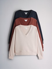 The Set V-Neck Cotton Loopback Crew Neck Sweatshirts 3 Pack Tan/Navy/Cream - Image 9 of 11