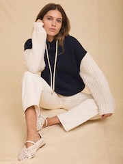 Mint Velvet Blue Cotton Blend Contrast Sleeve Hoodie - Image 1 of 8