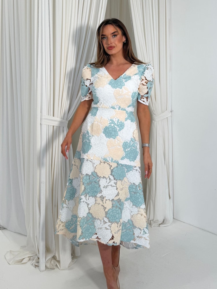 Girl In Mind White Myrtle V-Neck A Line Floral Pastel Lace Midi Dress - Image 1 of 3 Girl In Mind White Myrtle V-Neck A Line Floral Pastel Lace Midi Dress - Image 1 of 3