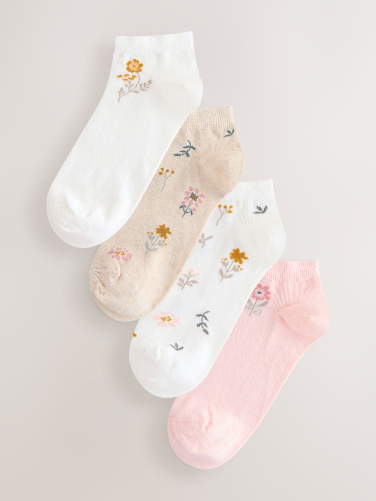White Floral Pattern Trainer Socks 4 Pack - Image 1 of 7 White Floral Pattern Trainer Socks 4 Pack - Image 1 of 7