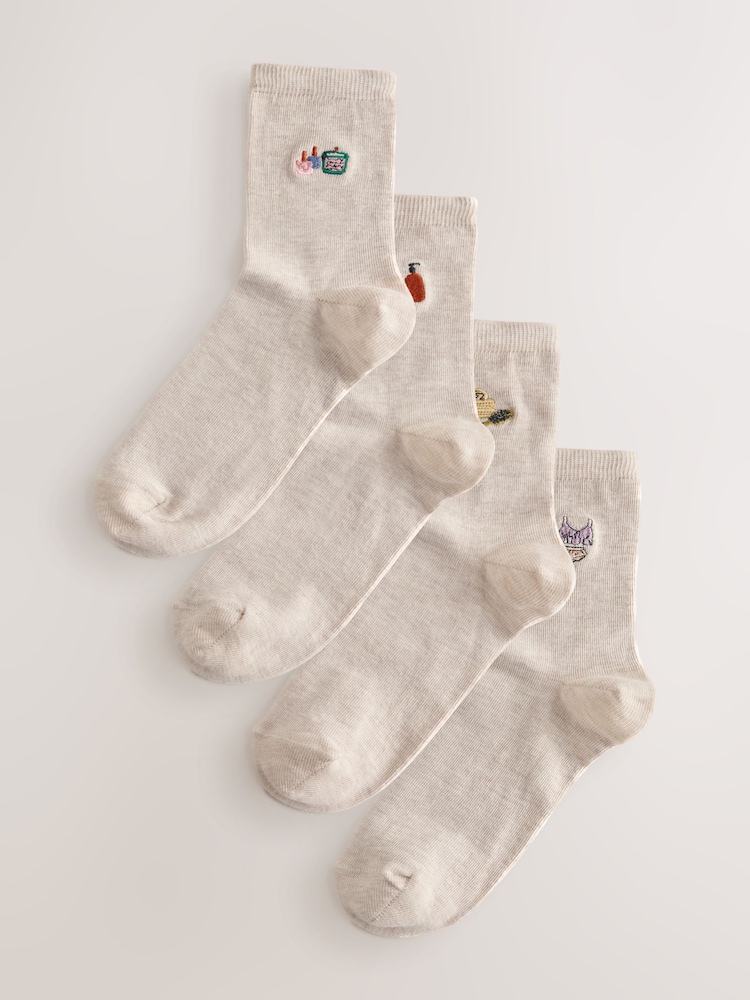 Self Care Icons Oatmeal Embroidered Motif Ankle Socks 4 Pack - Image 1 of 8 Self Care Icons Oatmeal Embroidered Motif Ankle Socks 4 Pack - Image 1 of 8