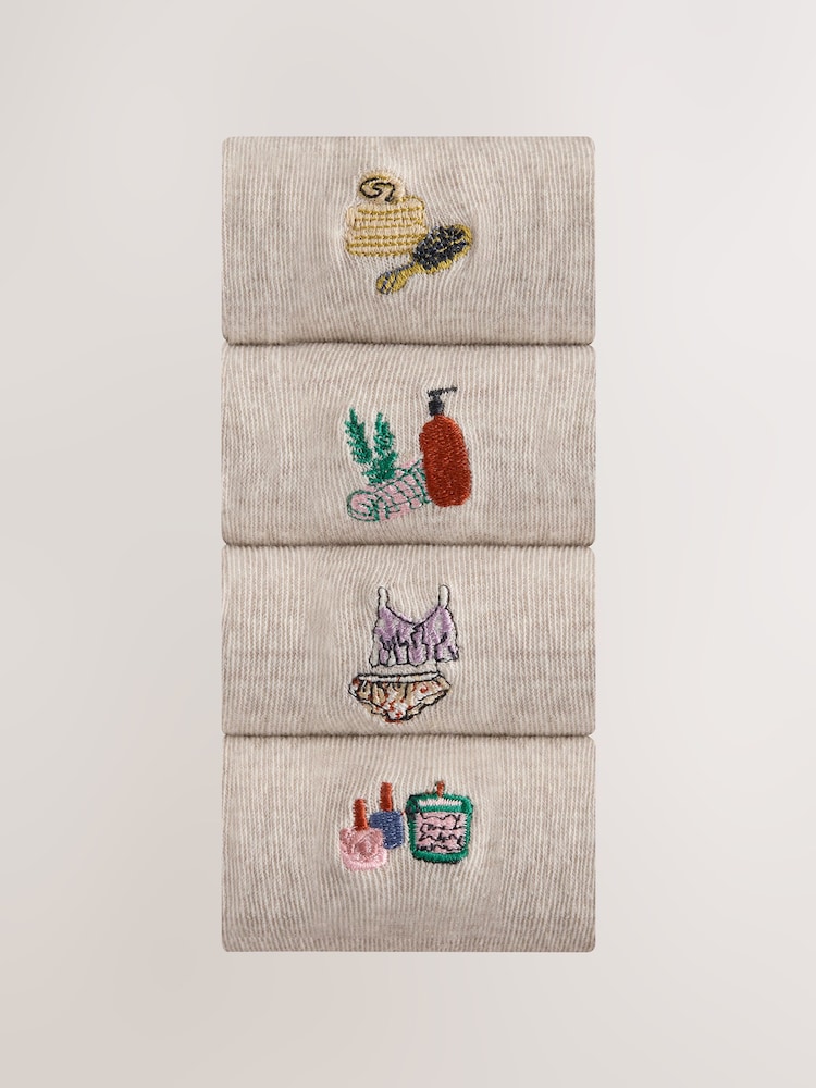 Self Care Icons Oatmeal Embroidered Motif Ankle Socks 4 Pack - Image 2 of 8 Self Care Icons Oatmeal Embroidered Motif Ankle Socks 4 Pack - Image 2 of 8