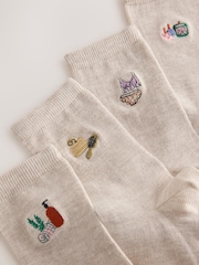 Self Care Icons Oatmeal Embroidered Motif Ankle Socks 4 Pack - Image 7 of 8