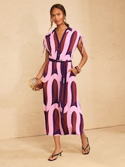 Rosa mit geometrischem Muster - Love & Roses Jersey Ruched Shoulder Belted Midi Dress - Bild 1 von 5