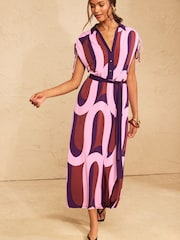Rosa mit geometrischem Muster - Love & Roses Jersey Ruched Shoulder Belted Midi Dress - Bild 2 von 5