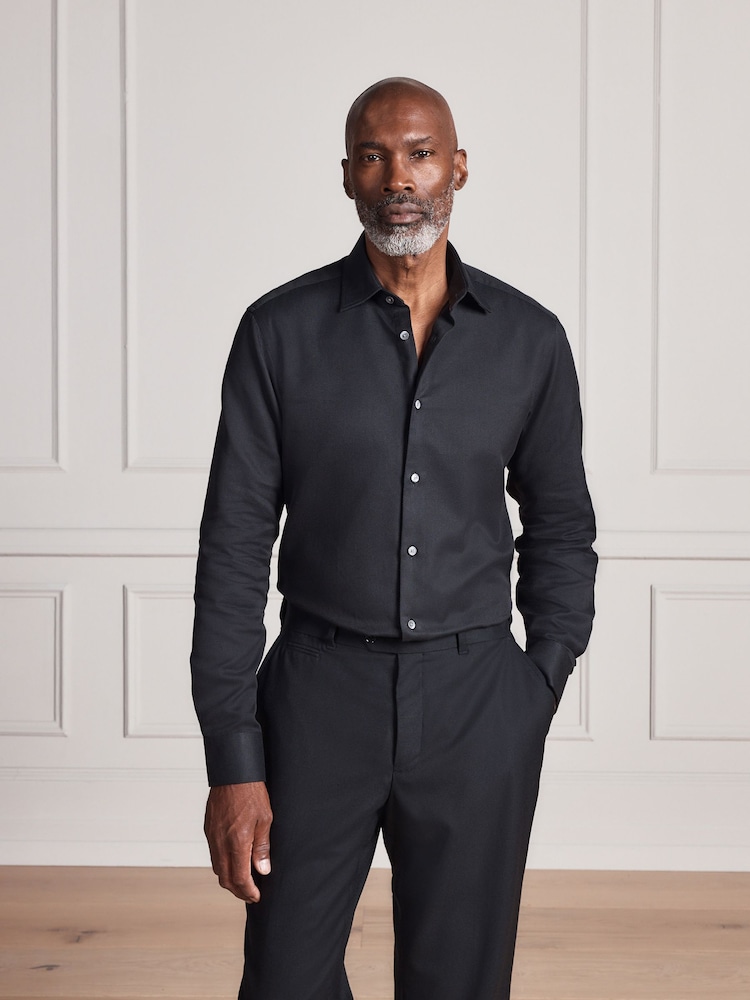 Black Slim Fit Signature Two-Fold Cotton Textured Smart Shirt - Image 1 of 10