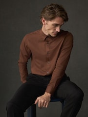 Rust Brown Regular Fit Cotton Rich Textured Easy Care Smart Shirt - Image 1 of 6