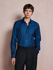 Teal Blue Regular Fit Cotton Textured Slim Long Sleeve Formal Shirt With Trim - Image 1 of 7