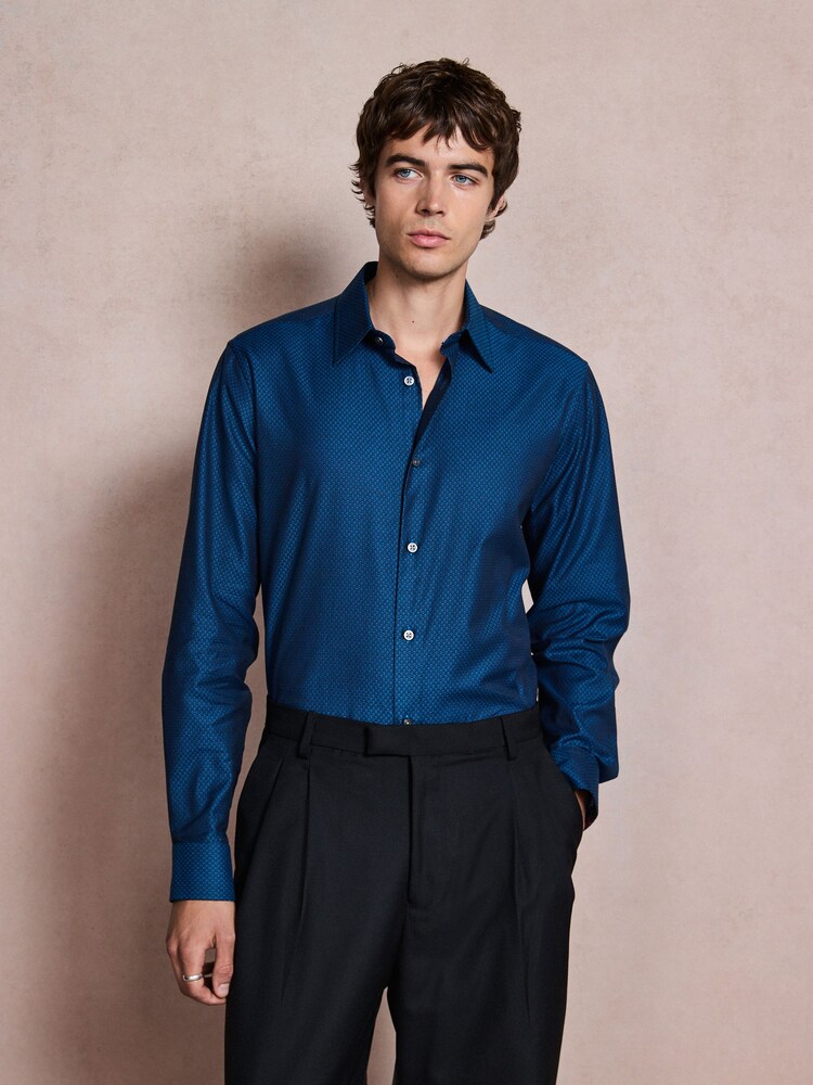 Teal Blue Regular Fit Cotton Textured Slim Long Sleeve Formal Shirt With Trim - Image 1 of 7 Teal Blue Regular Fit Cotton Textured Slim Long Sleeve Formal Shirt With Trim - Image 1 of 7