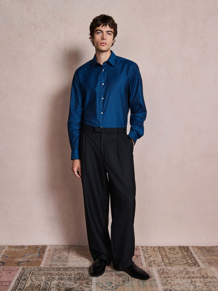 Teal Blue Regular Fit Cotton Textured Slim Long Sleeve Formal Shirt With Trim - Image 2 of 7 Teal Blue Regular Fit Cotton Textured Slim Long Sleeve Formal Shirt With Trim - Image 2 of 7