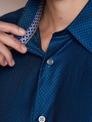 Teal Blue Regular Fit Cotton Textured Slim Long Sleeve Formal Shirt With Trim - Image 5 of 7