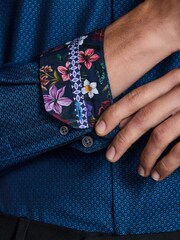 Teal Blue Regular Fit Cotton Textured Slim Long Sleeve Formal Shirt With Trim - Image 6 of 7