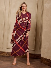 Love & Roses Burgundy Red Check Long Sleeve Tie Detail Jersey Midi Dress - Image 1 of 4