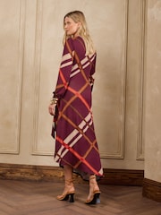 Love & Roses Burgundy Red Check Long Sleeve Tie Detail Jersey Midi Dress - Image 3 of 4