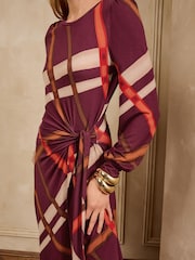 Love & Roses Burgundy Red Check Long Sleeve Tie Detail Jersey Midi Dress - Image 4 of 4