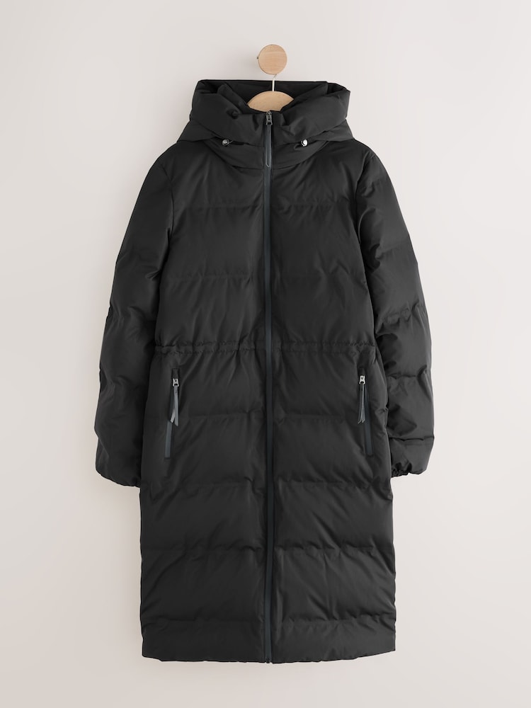 Black Waterproof Shower Resistant Hooded Long Wadded Coat - Image 1 of 4