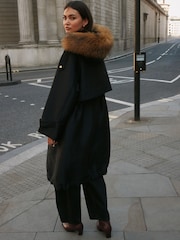 Melns - Shower Resistant Longline Padded Parka Coat with Faux-Fur Hood - Attēls 3 no 9