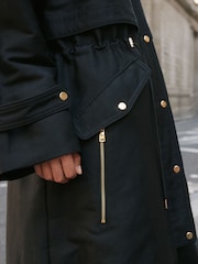 Melns - Shower Resistant Longline Padded Parka Coat with Faux-Fur Hood - Attēls 6 no 9