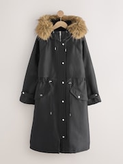 Melns - Shower Resistant Longline Padded Parka Coat with Faux-Fur Hood - Attēls 7 no 9