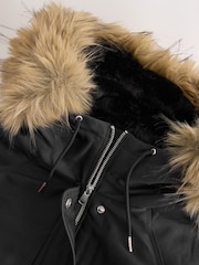 Melns - Shower Resistant Longline Padded Parka Coat with Faux-Fur Hood - Attēls 8 no 9