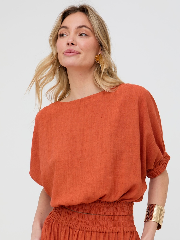 Raffya Brown Poppy Boat Neck Top - Image 1 of 4