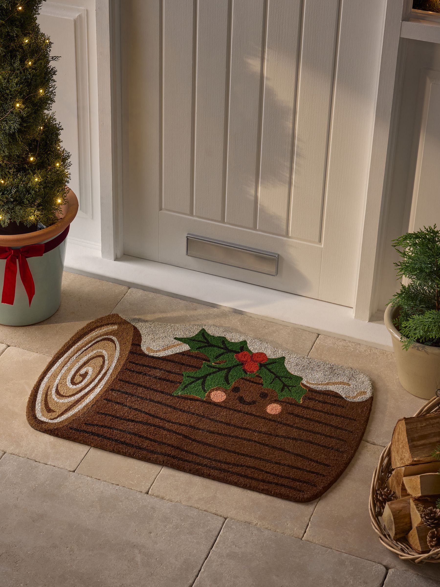 Brown Christmas Yule Log Coir Doormat