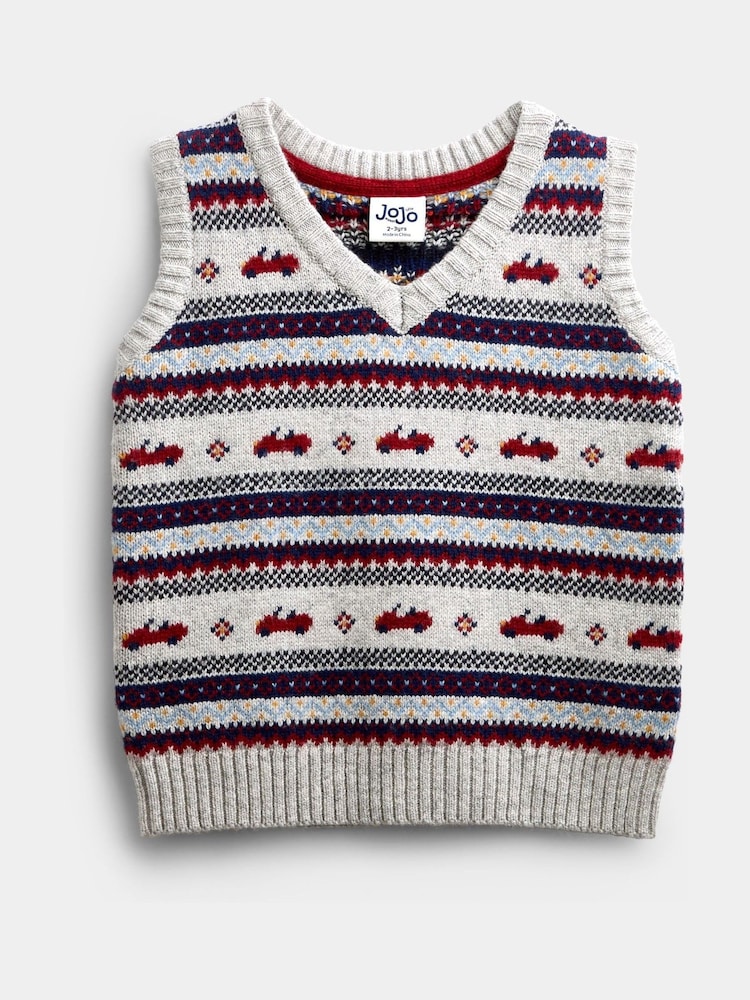 JoJo Maman Bébé Grey Marl Classic Car Fairisle Knitted Jumper - Image 1 of 4 JoJo Maman Bébé Grey Marl Classic Car Fairisle Knitted Jumper - Image 1 of 4